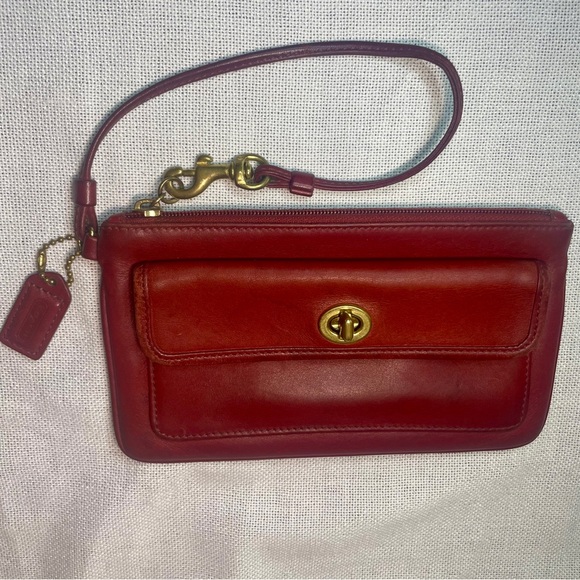 Coach Red Leather Wristlet with Gold Turnlock
